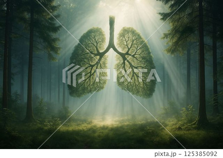 Lung Shaped Trees Breathing Clean Air in Misty Forest Lung Shaped Trees Breathing Clean Air in Misty Forest 125385092