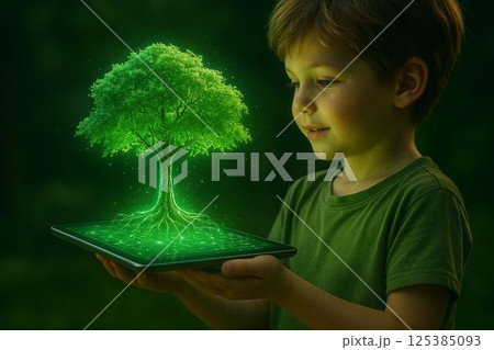Child Holds Tablet Growing Holographic Tree, Symbol of Green Tech 125385093