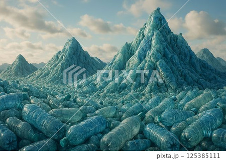 Recycled Plastic Bottle Mountains, Symbolic Eco Landscape 125385111