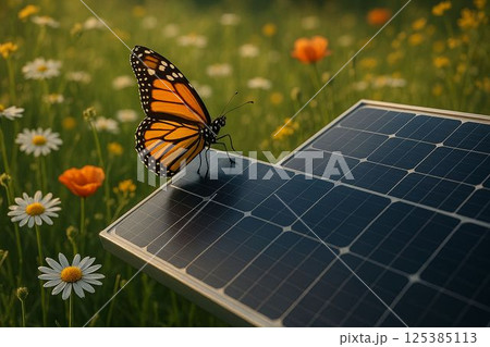 Butterfly Rests on Solar Panel in Blooming Meadow Butterfly Rests on Solar Panel in Blooming Meadow 125385113