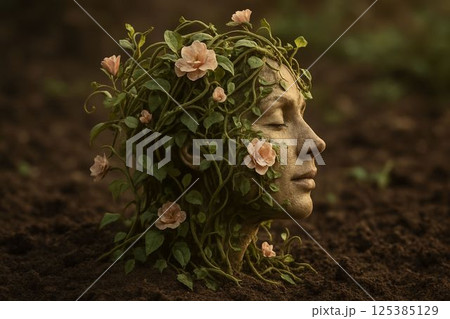 Floral Face Emerges from Soil, Symbol of Nature Rebirth 125385129