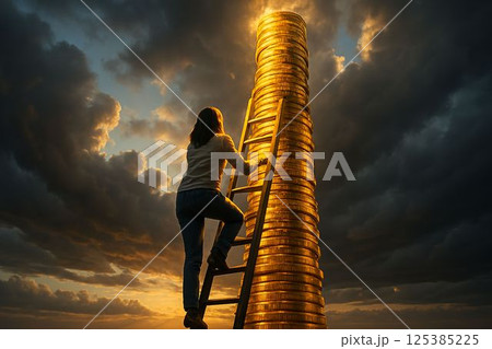 Woman Climbing Ladder Toward Tower of Golden Coins 125385225