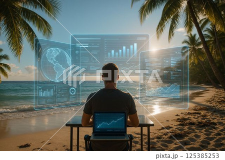 Remote Work Setup on Futuristic Tropical Beach 125385253