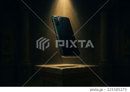 Futuristic Smartphone Floating on Stone Pedestal 125385273