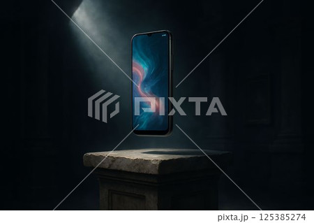 Futuristic Smartphone Floating on Stone Pedestal 125385274