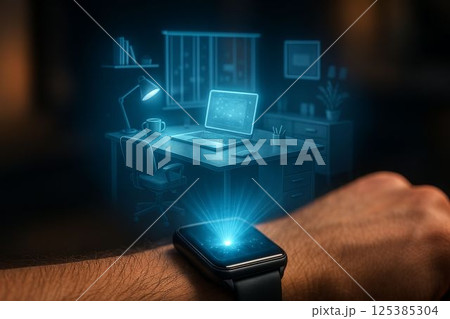 Smartwatch Projects Full Office Workspace as Mid-Air Hologram 125385304