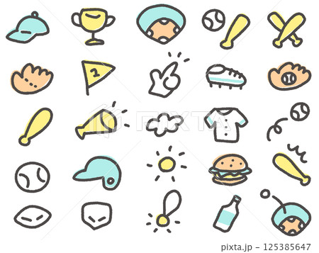 手描きのかわいい野球アイコンセット　パステルカラー 125385647