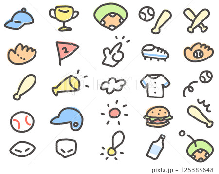 手描きのかわいい野球アイコンセット 125385648