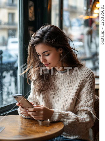 entrepreneur using smartphone at cafe, urban background, productivity 125385681