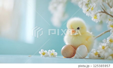 adorable chick holding egg Easter humor concept 125385957