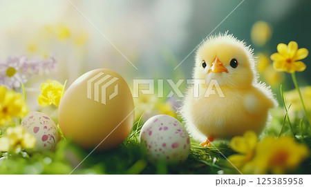 adorable chick holding egg Easter humor concept 125385958