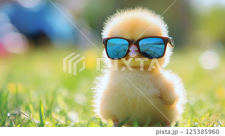 baby poultry wearing sunglasses blue scene 125385960