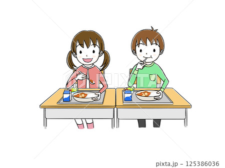 給食を食べる子ども 125386036
