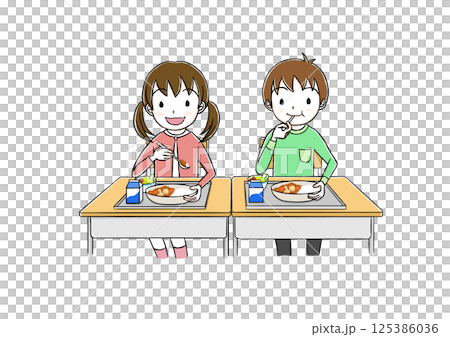 給食を食べる子ども 125386036