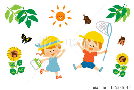 虫取り 夏休みの子供 イラスト素材 虫取り 夏休みの子供 イラスト素材 125386145