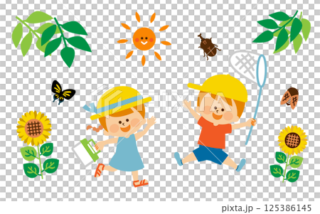 虫取り 夏休みの子供 イラスト素材 虫取り 夏休みの子供 イラスト素材 125386145