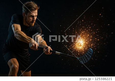 Floorball Player Strikes Light Ball in Mid-Explosion 125386221