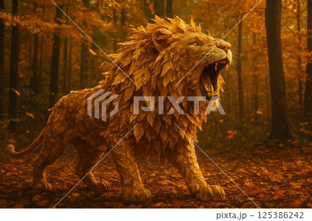 Golden Leaf Lion Roaring in Autumn Forest 125386242