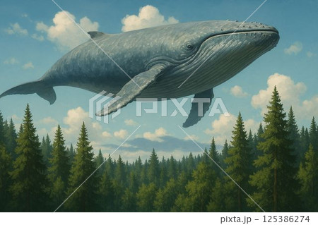 Surreal Whale Floating Over Pine Forest Landscape 125386274