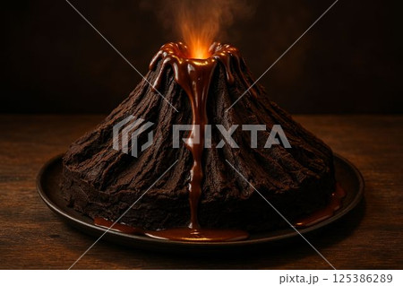 Molten Chocolate Volcano Cake Erupting with Ganache 125386289