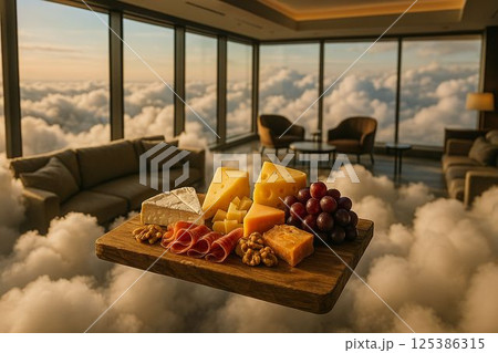 Luxury Cheeseboard Floating in Sky Lounge Above Clouds 125386315