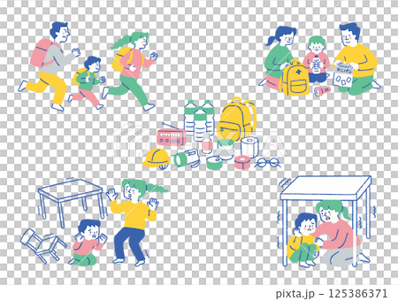 Disaster prevention goods and a set of evacuating families_color 125386371