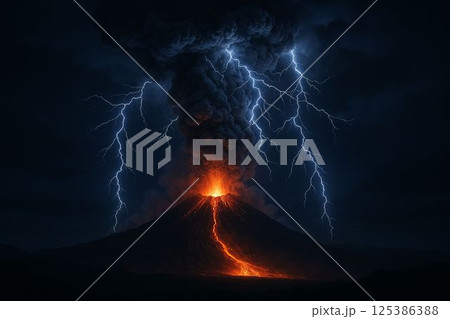 Volcanic Lightning Night Eruption 125386388