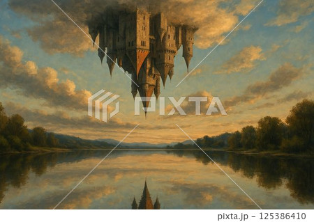 Floating Castle Reflected in Tranquil Lake 125386410