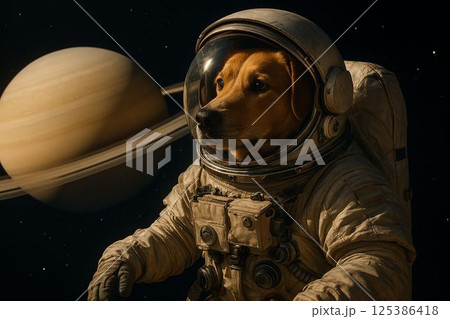Dog Astronaut Floating Through Space Near Saturn 125386418