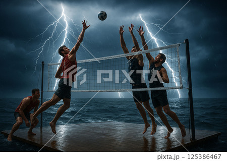 Intense Volleyball Match on Ocean Storm Platform 125386467