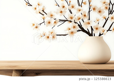 white flowers on wood table background 125386613