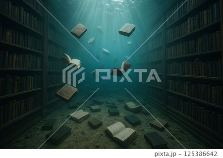 Photorealistic Underwater Library with Floating Books and Light Rays 125386642