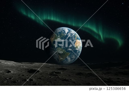 Photorealistic Night View of Earth From Moon with Aurora 125386656