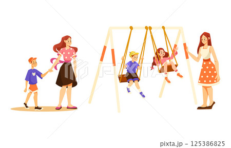 Children Engaged in Play at the Playground with Close Supervision from Their Parents 125386825