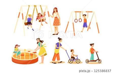 Children are joyfully playing in the park while their parents nearby enjoy activities 125386837