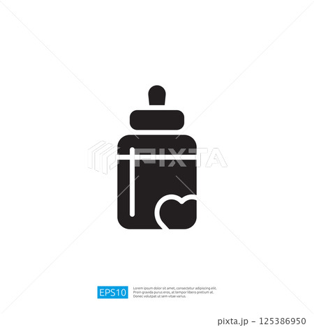 Silhouette Of A Baby Bottle With Heart Icon On White Background.  Product Details For Infant Care.   Illustration Of A Feeding Bottle.   Graphic Symbol. Modern Design. Art. Visual 125386950