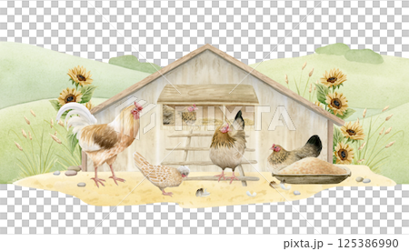 Watercolor farm landscape with chickens in wooden coop isolated illustration. Village scene with sunflowers, rooster and birds for poultry yard designs and organic goods in beige green colors Watercolor farm landscape with chickens in wooden coop isolated illustration. Village scene with sunflowers, rooster and birds for poultry yard designs and organic goods in beige green colors 125386990