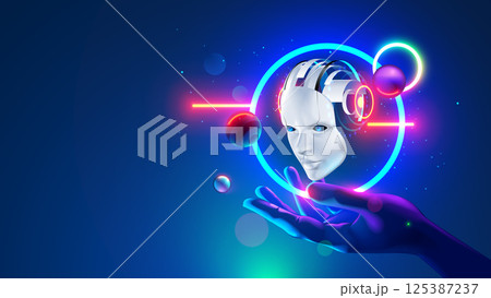 AI or artificial intelligence in the form of a head robot or cyborg over human hand in cyberspace. Electronic brain hanging over palm hand. AI chat bot. AI assistant development. Retro futurism. 125387237