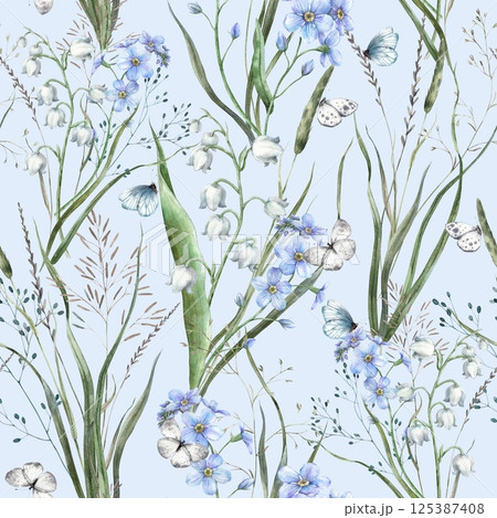 Wild flowers and herbs, blue forget-me-nots, white lilies of the valley and butterflies. Botanical seamless pattern on a blue background. For branding, wallpaper and textile, weddings, eco-products. Wild flowers and herbs, blue forget-me-nots, white lilies of the valley and butterflies. Botanical seamless pattern on a blue background. For branding, wallpaper and textile, weddings, eco-products. 125387408