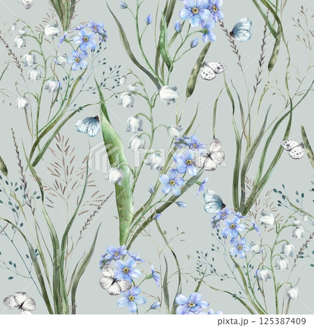 Wild flowers and grass, blue forget-me-nots, white lilies of the valley and butterflies. Botanical seamless pattern on a spring theme. For branding, wallpaper and textile, weddings and eco-products. Wild flowers and grass, blue forget-me-nots, white lilies of the valley and butterflies. Botanical seamless pattern on a spring theme. For branding, wallpaper and textile, weddings and eco-products. 125387409