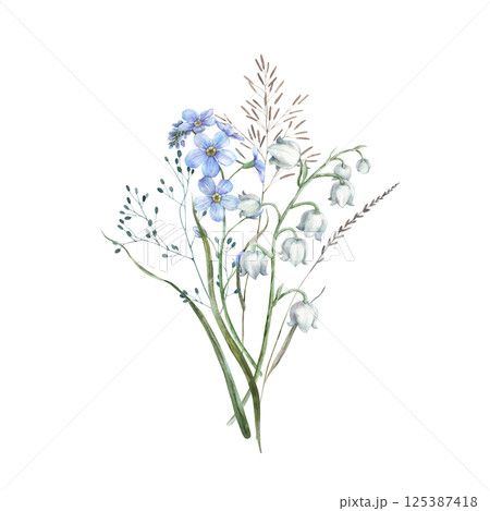 Blue forget-me-nots, white lilies of the valley, dried and wild herbs. Watercolor illustration of a bouquet of flowers, perfect for eco-branding, packaging, cards, wedding design and botanical prints. 125387418