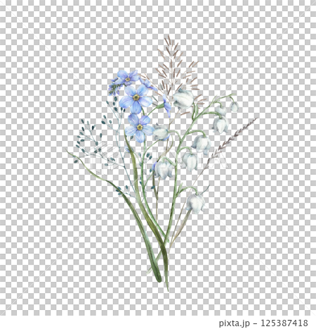 Blue forget-me-nots, white lilies of the valley, dried and wild herbs. Watercolor illustration of a bouquet of flowers, perfect for eco-branding, packaging, cards, wedding design and botanical prints. 125387418
