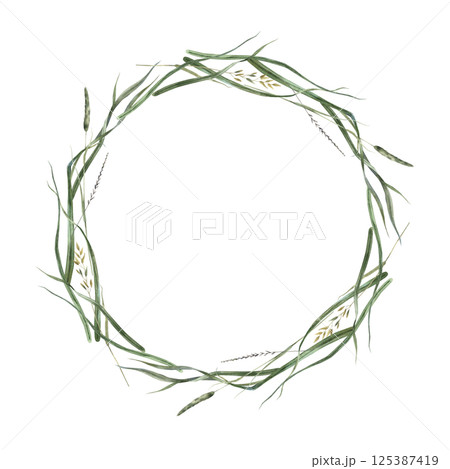 Wreath of different wild herbs and dried wild flowers. Watercolor round illustration, painted in natural tones. Suitable for eco-branding, packaging, greeting cards, wedding design, botanical prints. Wreath of different wild herbs and dried wild flowers. Watercolor round illustration, painted in natural tones. Suitable for eco-branding, packaging, greeting cards, wedding design, botanical prints. 125387419