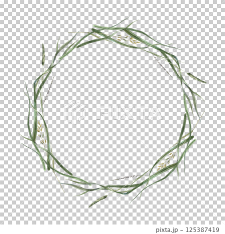 Wreath of different wild herbs and dried wild flowers. Watercolor round illustration, painted in natural tones. Suitable for eco-branding, packaging, greeting cards, wedding design, botanical prints. Wreath of different wild herbs and dried wild flowers. Watercolor round illustration, painted in natural tones. Suitable for eco-branding, packaging, greeting cards, wedding design, botanical prints. 125387419