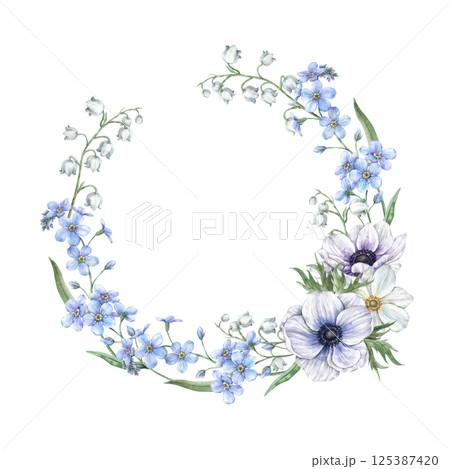 Anemones and white lilies of the valley, blue forget-me-nots, wild herbs and flowers. Spring botanical watercolor round wreath, suitable for eco-branding, packaging, wedding design, cards, banners. Anemones and white lilies of the valley, blue forget-me-nots, wild herbs and flowers. Spring botanical watercolor round wreath, suitable for eco-branding, packaging, wedding design, cards, banners. 125387420