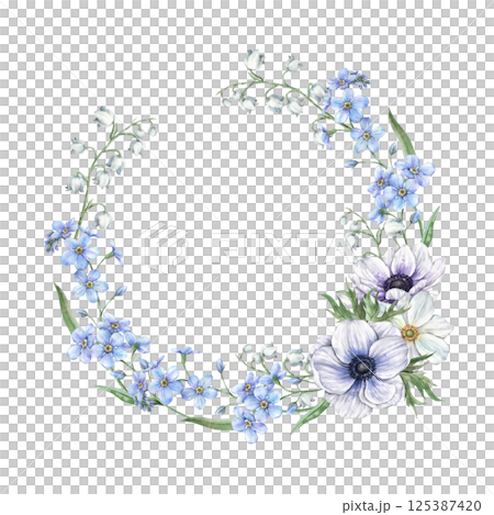 Anemones and white lilies of the valley, blue forget-me-nots, wild herbs and flowers. Spring botanical watercolor round wreath, suitable for eco-branding, packaging, wedding design, cards, banners. 125387420