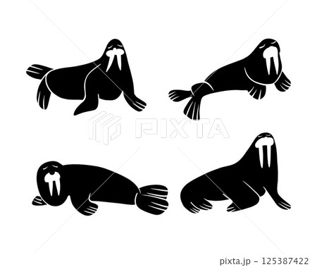 Vector isolated illustration of a set of cartoon walruses on a white background.Drawing of walrus silhouettes. 125387422