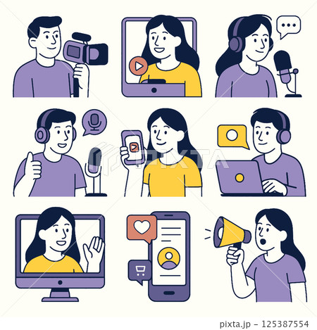 Engaging illustrations of podcasting and content creation activities, featuring individuals using various devices like microphones, cameras, and computers. vibrant colors and expressions convey 125387554