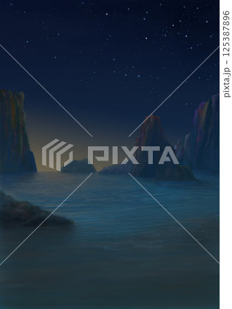 夜明け前の岩礁光る海辺 125387896