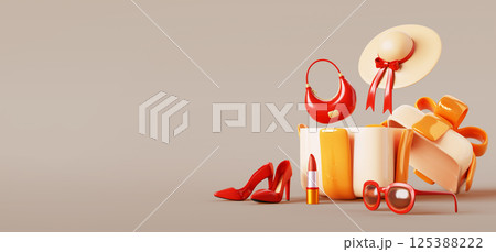 3d open gift box with women red shoes, bag, hat, sunglasses, lipstick for holiday promotion design. Fashion store shopping sale, birthday discount, customer present, client surprise. 3D illustration 125388222